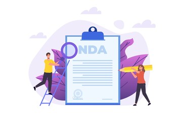 Legal restrictions,  non-disclosure agreement contract or NDA  concept. Vector illustration with tiny people.