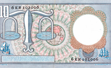 Stylised scales of justice. Sailing ships. Earth globe. Portrait from  Netherlands 10 Gulden 1953...