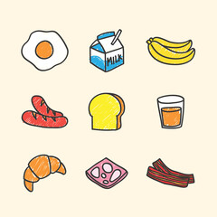 Breakfast Vector Icon Set. Illustration Concept of Fresh Food and Drinks. Contained Egg, Milk, Banana, Sausage, Toast, Orange Juice, Croissant, Ham and Bacon. In Cartoon or Kid style. Simple Color.