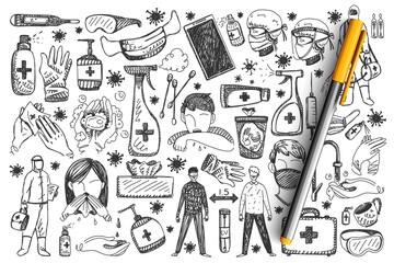 Coronavirus doodle set. Collection of hand drawn people with medical face masks using antibacterial spray and protective gloves on white background. Personal protection equipment and healthcare.