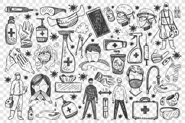 Coronavirus doodle set. Collection of hand drawn people with medical face masks using antibacterial spray and protective gloves on transparent background. Personal protection equipment and healthcare.