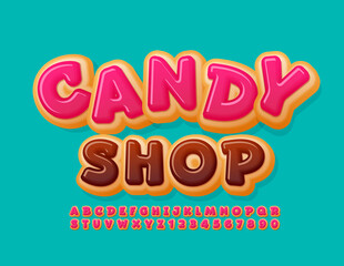 Vector sweet sign Candy Shop. Pink Glazed delicious funny Font. Comic style Donut Alphabet Letters and Numbers set