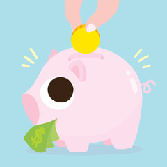 An illustration of fingers holding a coin, saving money in a pink piggy bank in blue background. The piggy bank is full of money. A vector art in pastel color cartoon style.