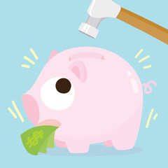 An illustration of a pink piggy bank is going to be broken by a hammer in blue background. The piggy bank is full of money. A vector art in pastel color cartoon style.