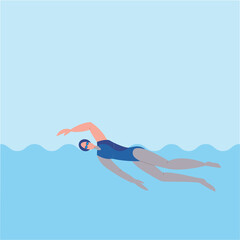 Swimming woman weared blue swimsuite. Flat vector illustration. Woman action character