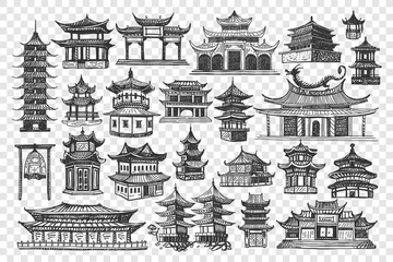 China buildings doodle set. Collection of chalk pencil hand drawn of chinese culture architecture and national temples castles on transparent background. Eastern asian country tratidion landmarks.