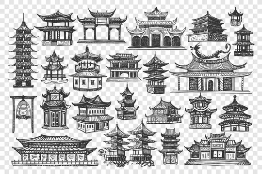 China buildings doodle set. Collection of chalk pencil hand drawn of chinese culture architecture and national temples castles on transparent background. Eastern asian country tratidion landmarks.