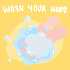 Washing hands or cleaning hands with soap. Vector illustration to remind you to wash your hands in a cute cartoon style. Hygiene concept.
