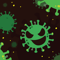 Corona virus vector, cute cartoon style illustration of Covid-19 in Wuhan.