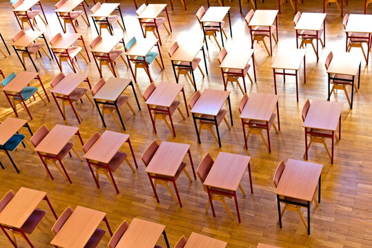 Empty classroom with benches.