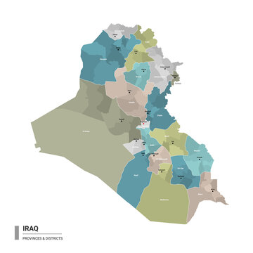 Iraq higt detailed map with subdivisions. Administrative map of Iraq with districts and cities name, colored by states and administrative districts. Vector illustration.