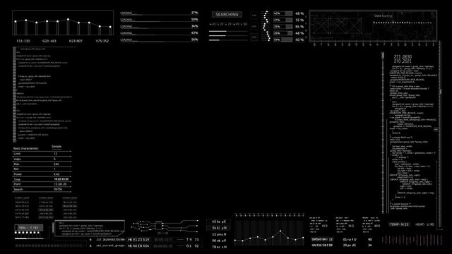 HUD viewfinder.Technological futuristic template.Abstract User Interface.Sci Fi digital infographic elements.2D graphic.White HUD and black background for alpha,luma channel.
