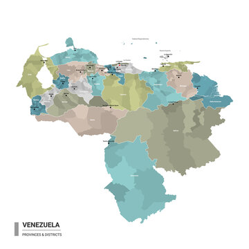 Venezuela higt detailed map with subdivisions. Administrative map of Venezuela with districts and cities name, colored by states and administrative districts. Vector illustration.