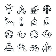 Ecology Vector Icons Set, Flat Thin Line Style. Included recycle, solar cell, trees, alternative energy, globe, bicycle and car signs.