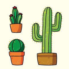 A cactus doodle vector illustration set. Coloring in color pencil style. Cute cactus in the pot.