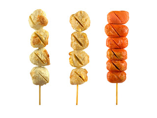 set of grill Porkball, meatball and sausage isolated on white background with clipping path