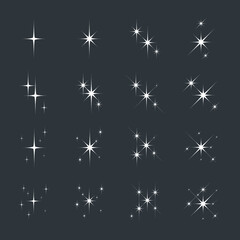 Sparkle effect vector. Different styles and patterns of the sparkling light stars, glowing in the dark background.