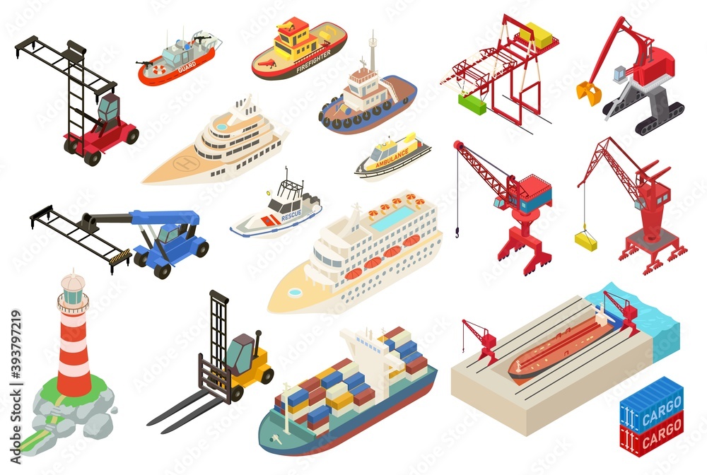 Poster marine port icons set. isometric set of marine port vector icons for web design isolated on white ba