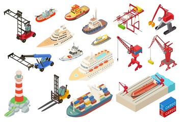 Marine port icons set. Isometric set of marine port vector icons for web design isolated on white background