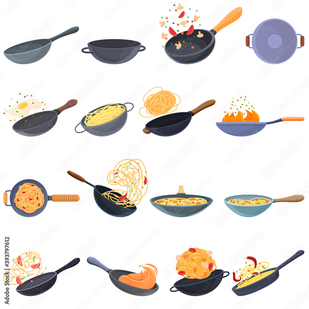 Aufkleber wok frying pan icons set. cartoon set of wok frying pan vector icons for web design