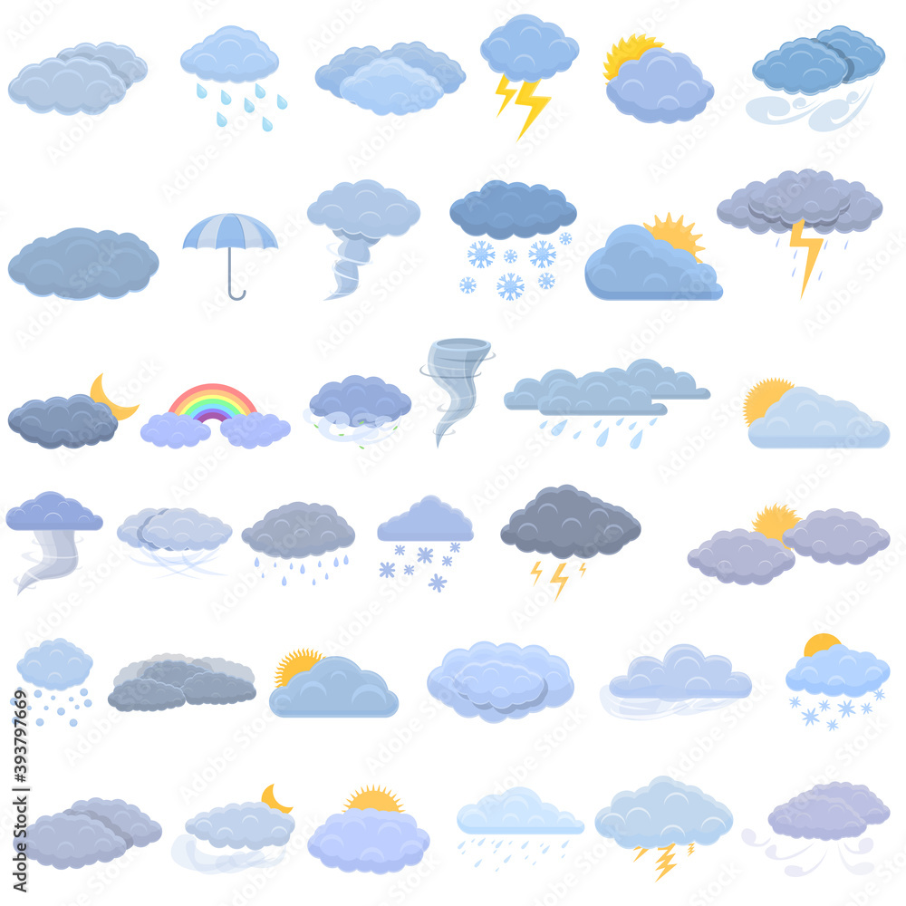 Poster cloudy weather icons set. cartoon set of cloudy weather vector icons for web design