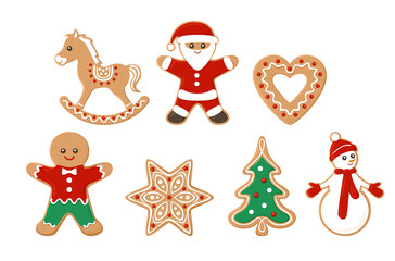 Fototapeta premium Set of gingerbread cookies isolated on white background. Santa claus, horse, snowman, heart, star, Christmas tree, gingerbread man. Vector illustration in cartoon flat style.