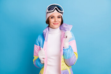 Photo of pretty woman wear cozy warm coat winter skier gear happy smile tourist isolated on pastel...