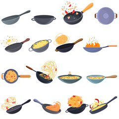 Wok frying pan icons set. Cartoon set of wok frying pan vector icons for web design - obrazy, fototapety, plakaty