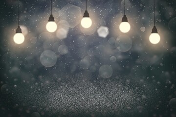 Fototapeta na wymiar wonderful glossy glitter lights defocused bokeh abstract background with light bulbs and falling snow flakes fly, festival mockup texture with blank space for your content