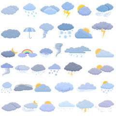 Cloudy weather icons set. Cartoon set of cloudy weather vector icons for web design