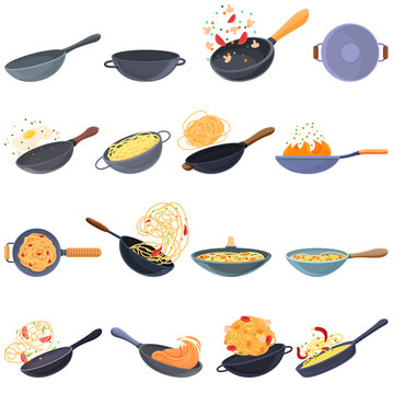 Wok frying pan icons set. Cartoon set of wok frying pan vector icons for web design