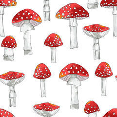 Hand drawn seamless pattern amanita mushrooms vector illustration - obrazy, fototapety, plakaty