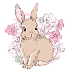 Hand drawn cute bunny and flower arrangement vector illustration rabbit childish print design