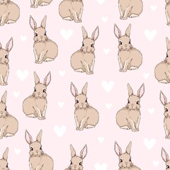 Cute rabbits and heart background vector seamless pattern