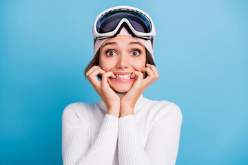 Photo of scared terrified young woman bite nails teeth wear mask goggles worried extreme sport...