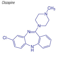 Vector Skeletal formula of Clozapine. Drug chemical molecule.