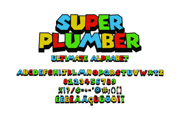 Fun video game colorful ultimate alphabet. Fake 3D vector typography illustration