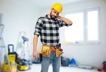 health, construction and repair concept - male worker or builder in helmet with neck pain over room...