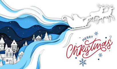 Merry Christmas Happy New Year greeting card illustration of winter Xmas village papercut style. landscape at night with Santa Claus sled, Santa Claus flying with reindeer sleigh city