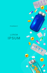 Pharmacology background, medicine card, Pharmacy Posters, healthcare presentation, Medication Concept. Template design with drugs and Pills, dragees, capsules and medical bottles. Copy space