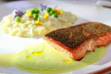 Salmon with pea risotto