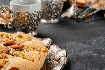 Close up photo of halva dessert on silver plate