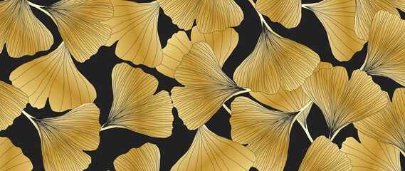 Golden Ginkgo leaves botanical modern art deco wallpaper background vector. Floral line arts background design for luxury elegant pattern.