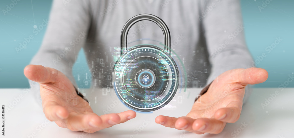 Poster businessman holding a padlock and security data - 3d rendering