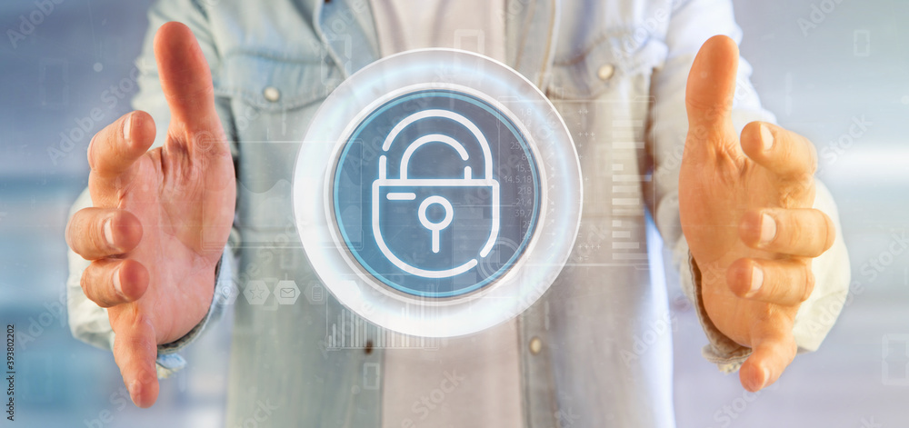 Poster businessman holding security padlock wheel icon with stats and binary code 3d rendering