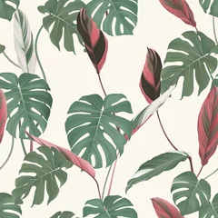 Muurstickers Foliage seamless pattern, Split-leaf Philodendron and heliconia Ctenanthe oppenheimiana plant on bright brown © momosama