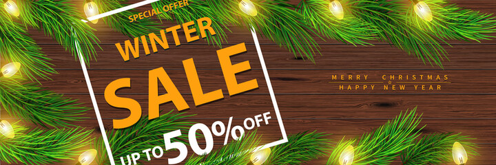 Winter sale template with white square frame sale and fir branches on wood. Vector illustration.