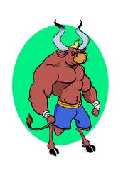 drawing of a big cartoon bull athlete fighter ready to fight