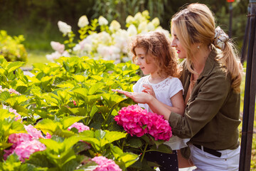 Mom introduces her daughter to beautiful hydrangeas