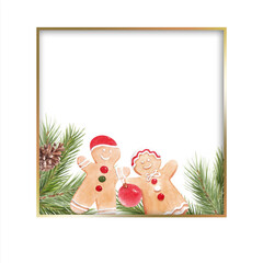 Christmas card with gingerbread men with place for text. Festive watercolor illustration for cards, invitations for Christmas and New Year